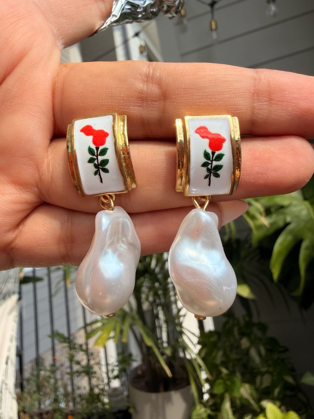 Vintage-Style Red Rose Enamel and Baroque Pearl Drop Earrings 6
