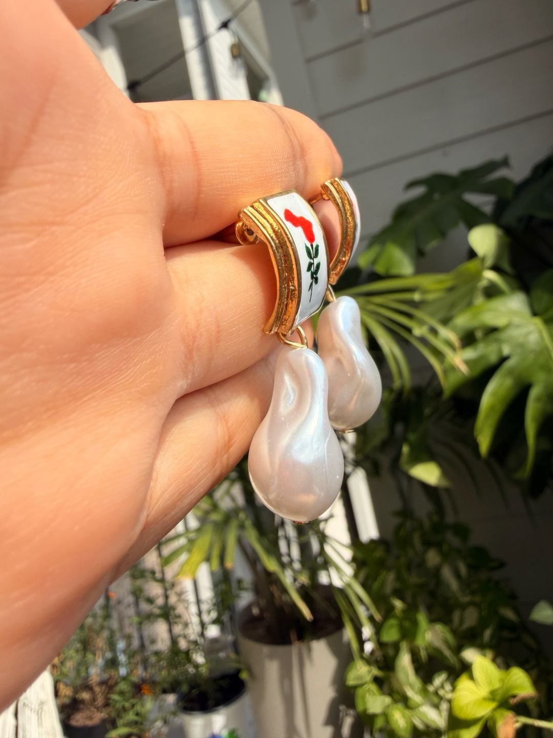 Vintage-Style Red Rose Enamel and Baroque Pearl Drop Earrings 7