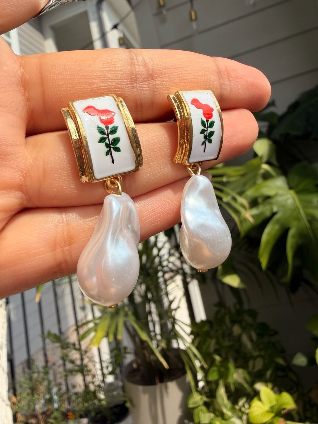 Vintage-Style Red Rose Enamel and Baroque Pearl Drop Earrings 8