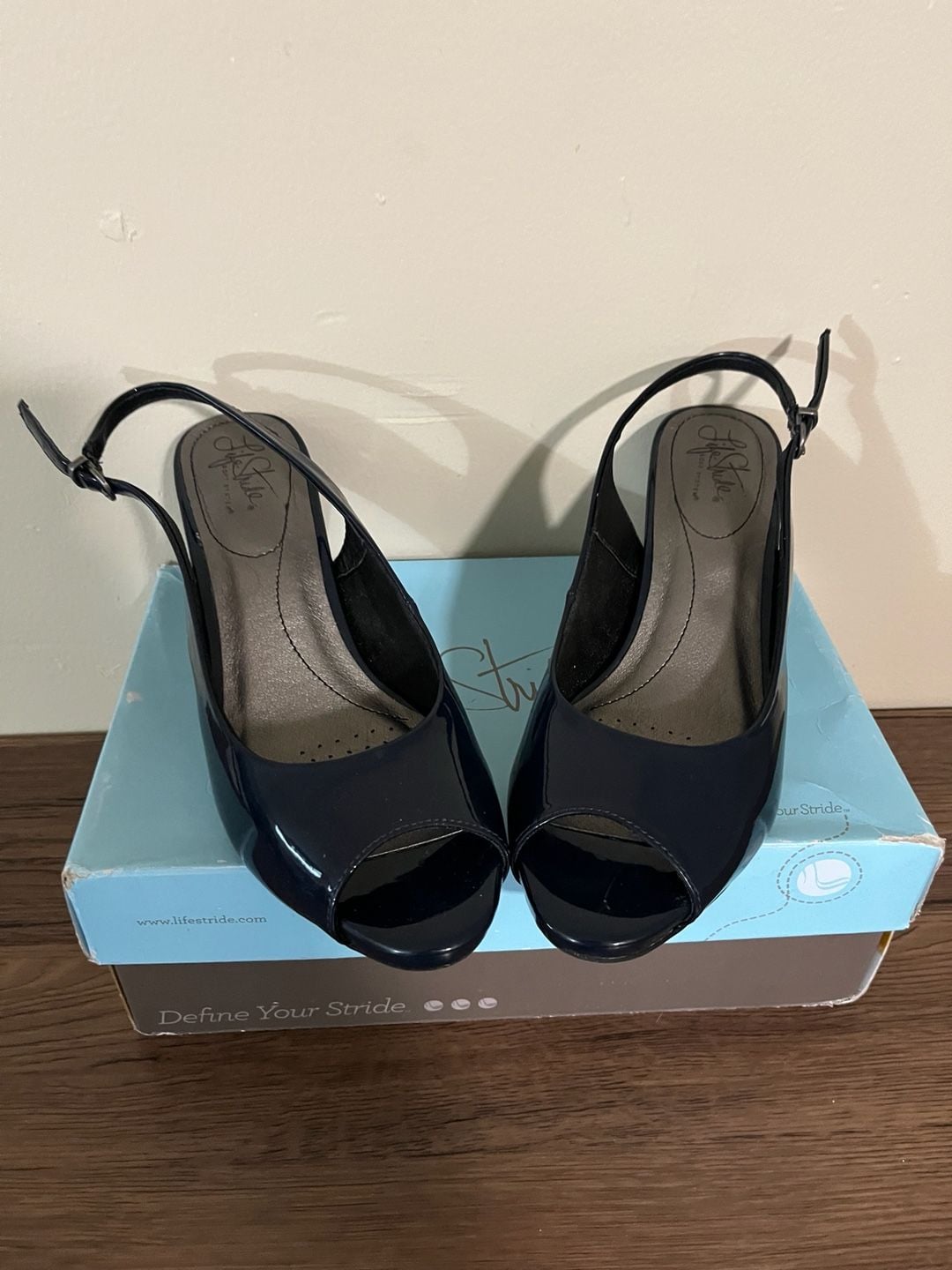 LifeStride Teller Inky Navy Patent Peep Toe Slingback Heels 2