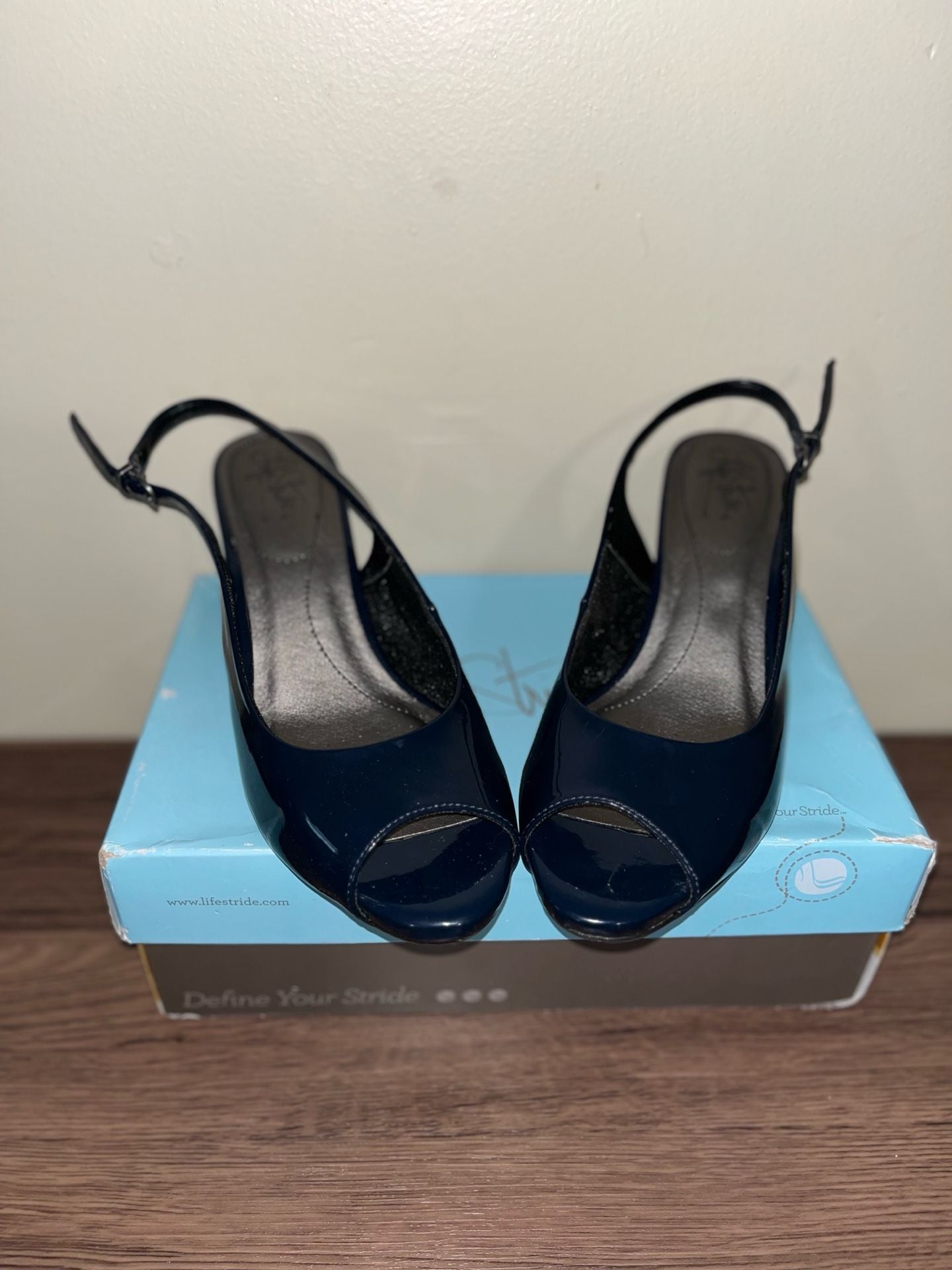 LifeStride Teller Inky Navy Patent Peep Toe Slingback Heels 3