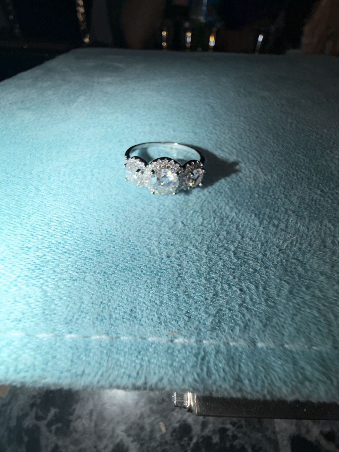 Three Stone Halo Moissanite Ring with GRA Certificate size 9 1