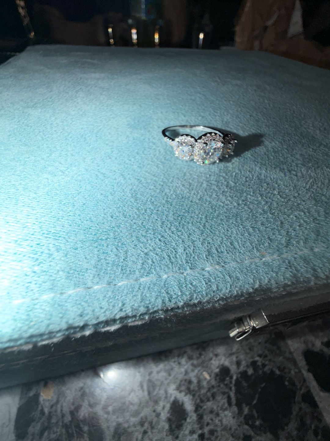 Three Stone Halo Moissanite Ring with GRA Certificate size 9 3