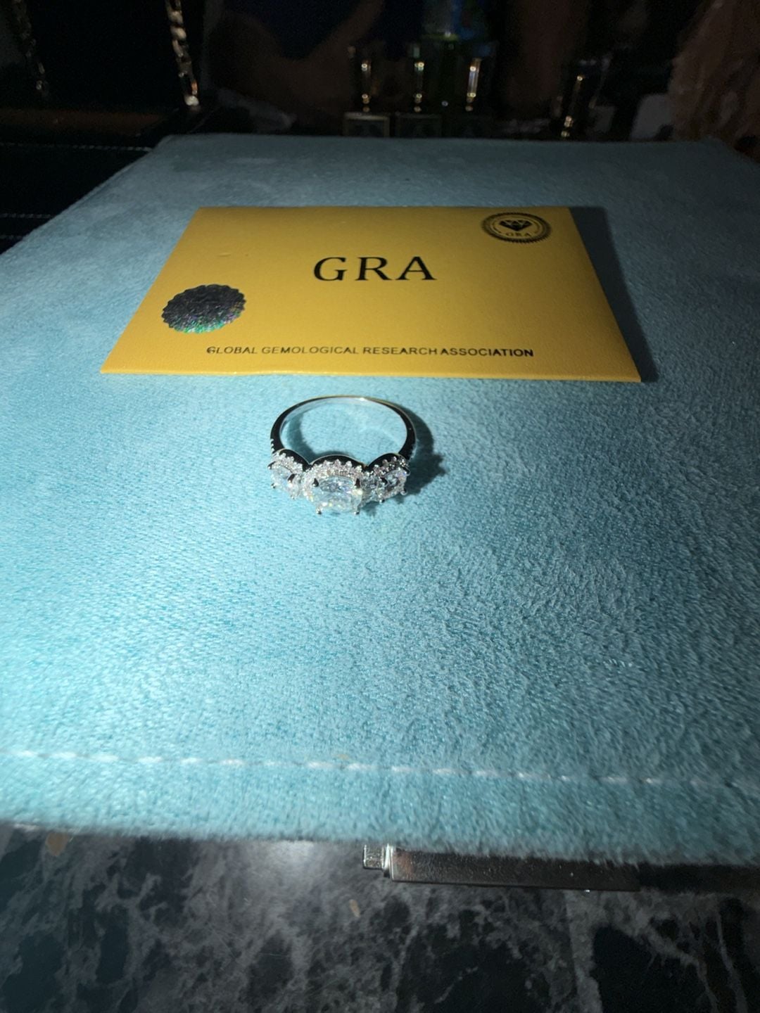Three Stone Halo Moissanite Ring with GRA Certificate size 9 4