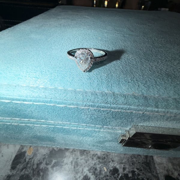 GRA Certified Pear Cut Moissanite Halo Ring with Pave Band size 9