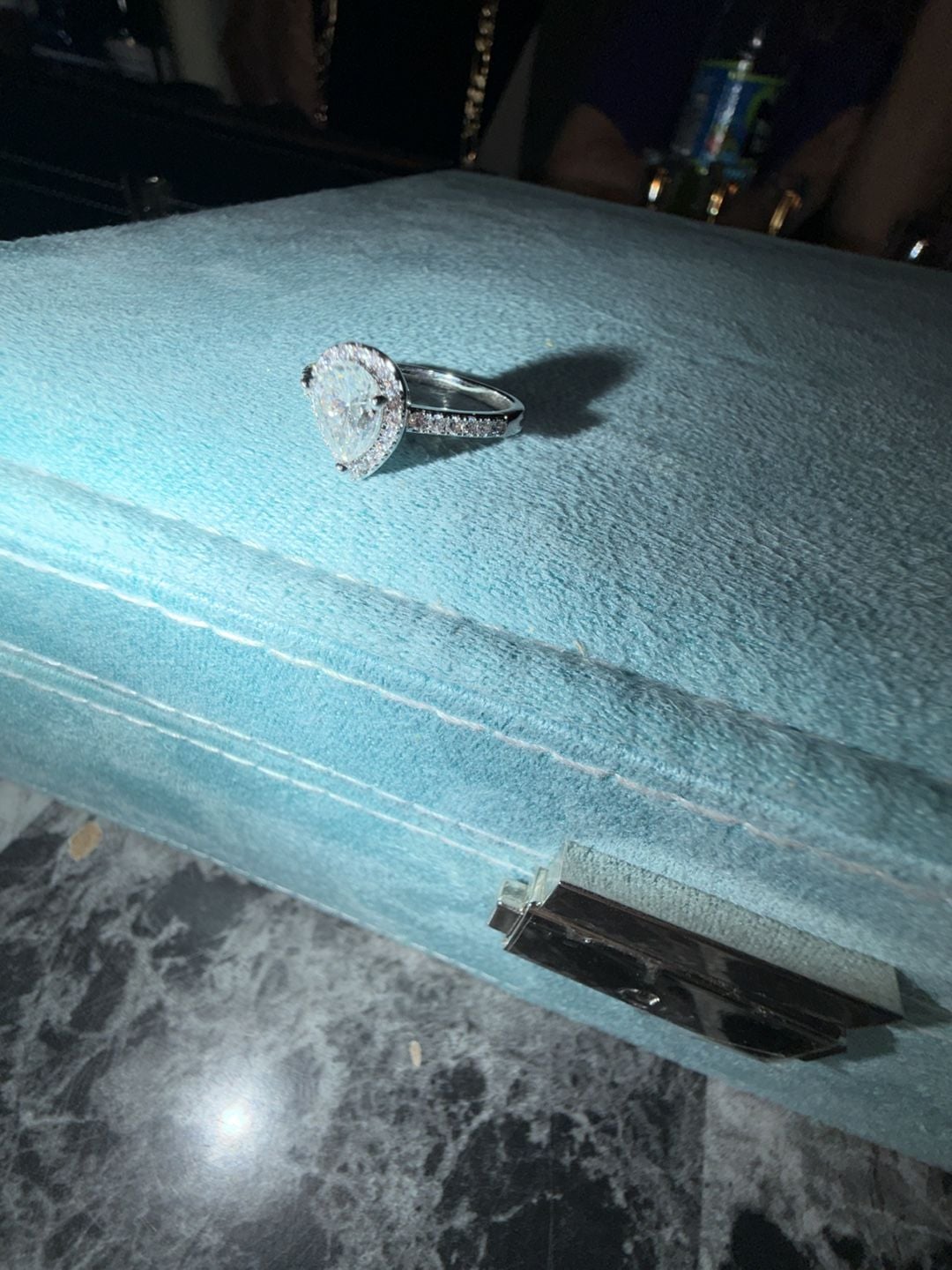 GRA Certified Pear Cut Moissanite Halo Ring with Pave Band size 9 4