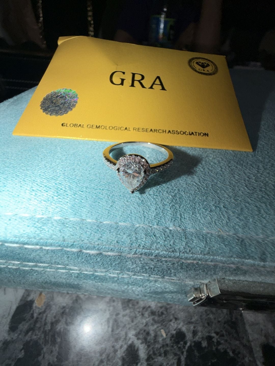 GRA Certified Pear Cut Moissanite Halo Ring with Pave Band size 9 6