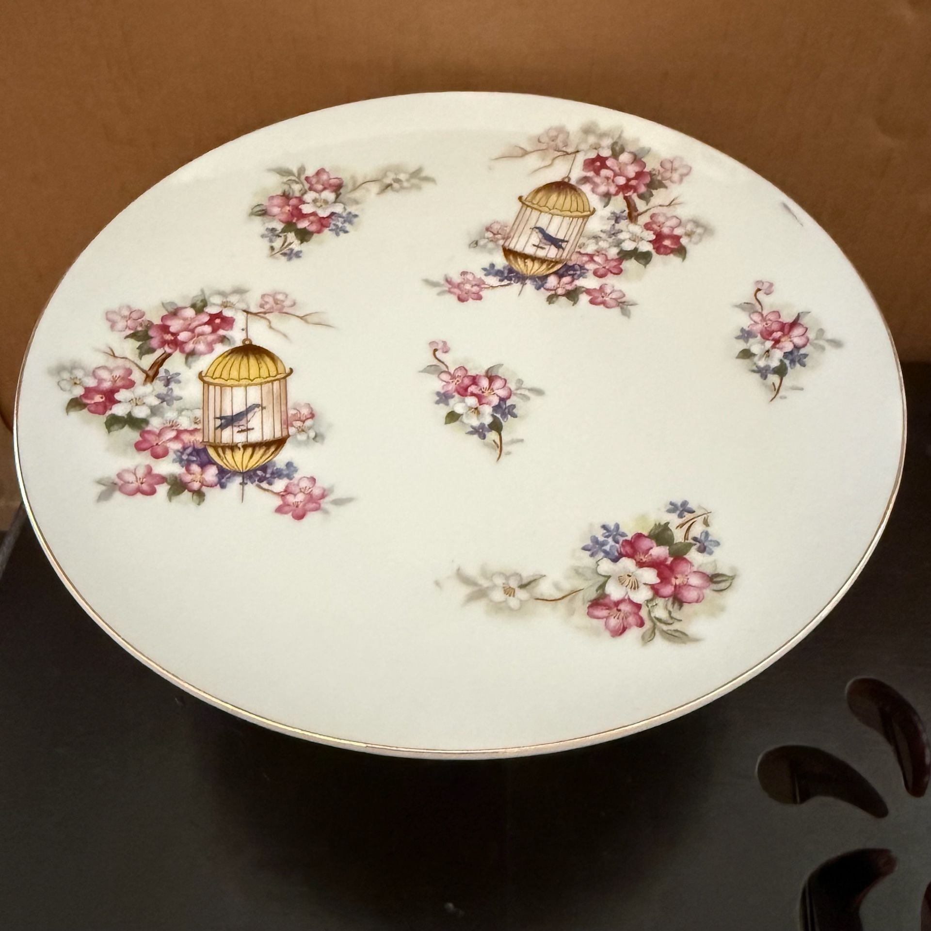 Vintage Bone China Pedestal Cake Stand with Birdcage and Floral Motif 2
