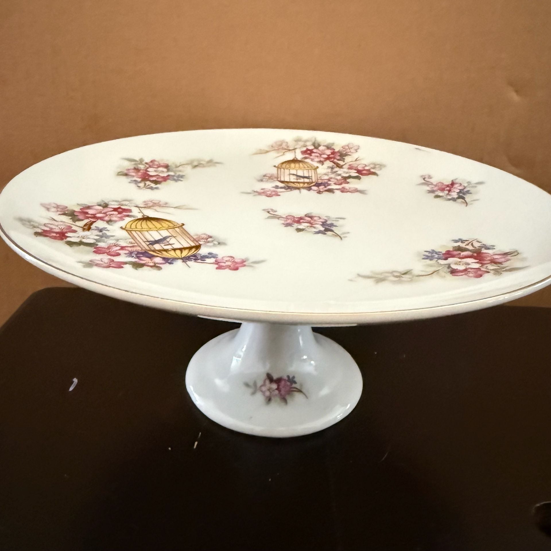 Vintage Bone China Pedestal Cake Stand with Birdcage and Floral Motif 1