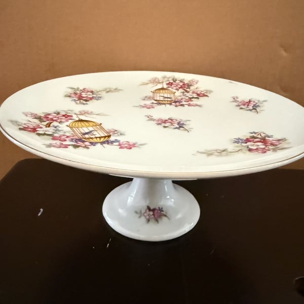 Vintage Bone China Pedestal Cake Stand with Birdcage and Floral Motif