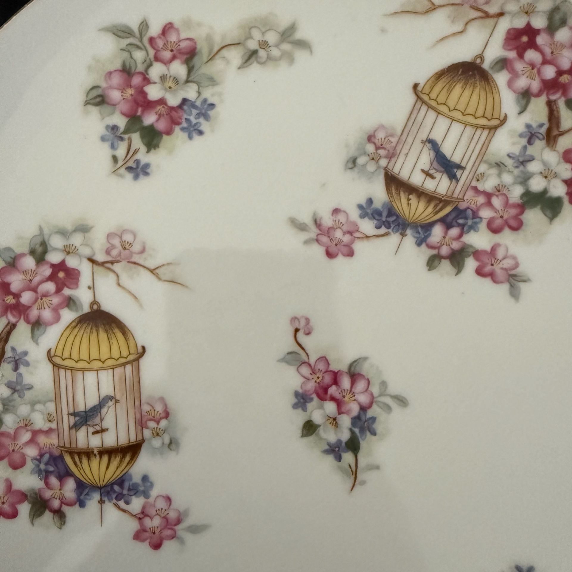 Vintage Bone China Pedestal Cake Stand with Birdcage and Floral Motif 3