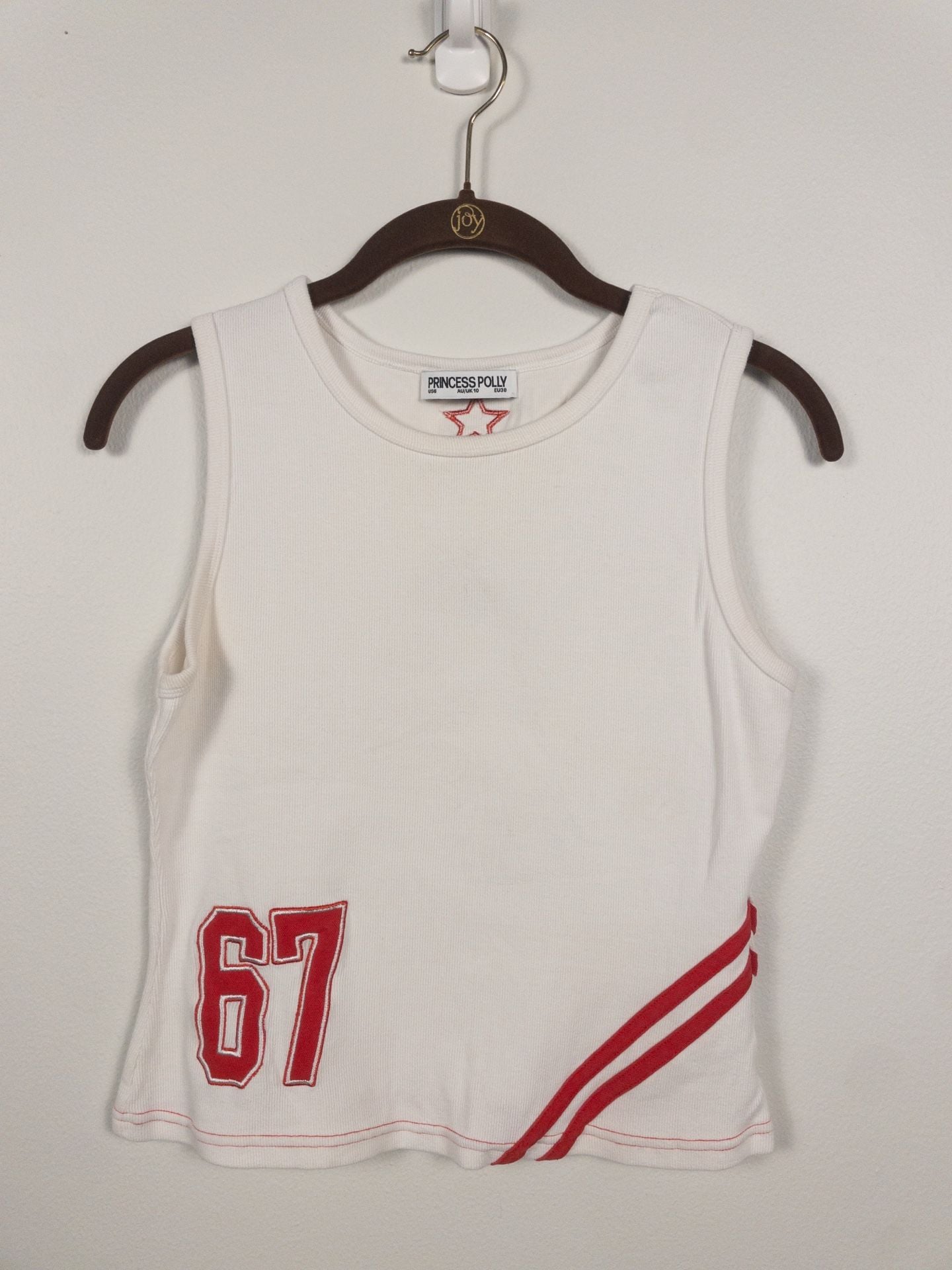 Princess Polly White Sleeveless Varsity Graphic Tank Top Number 67 Size US 6 2