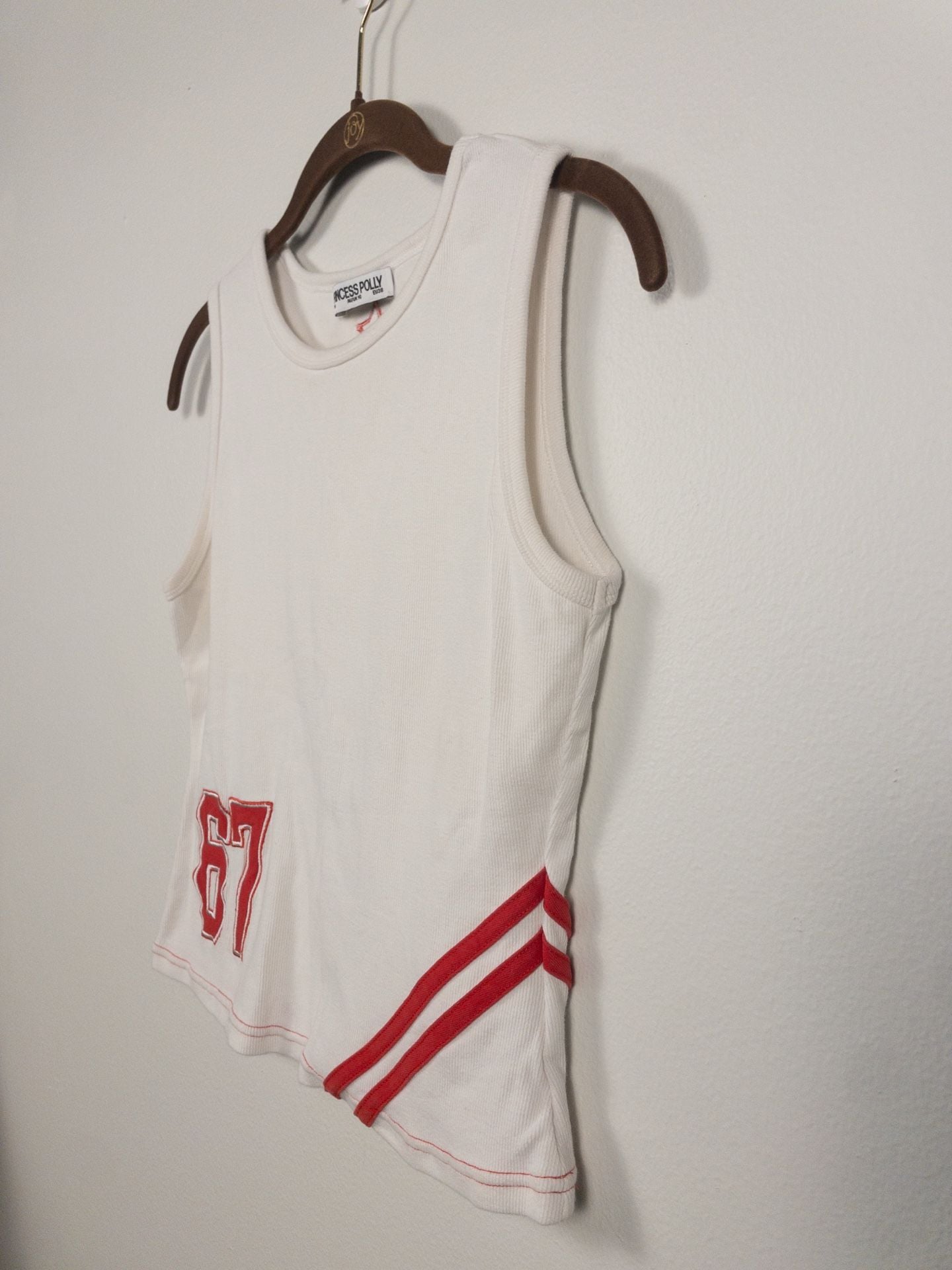 Princess Polly White Sleeveless Varsity Graphic Tank Top Number 67 Size US 6 10