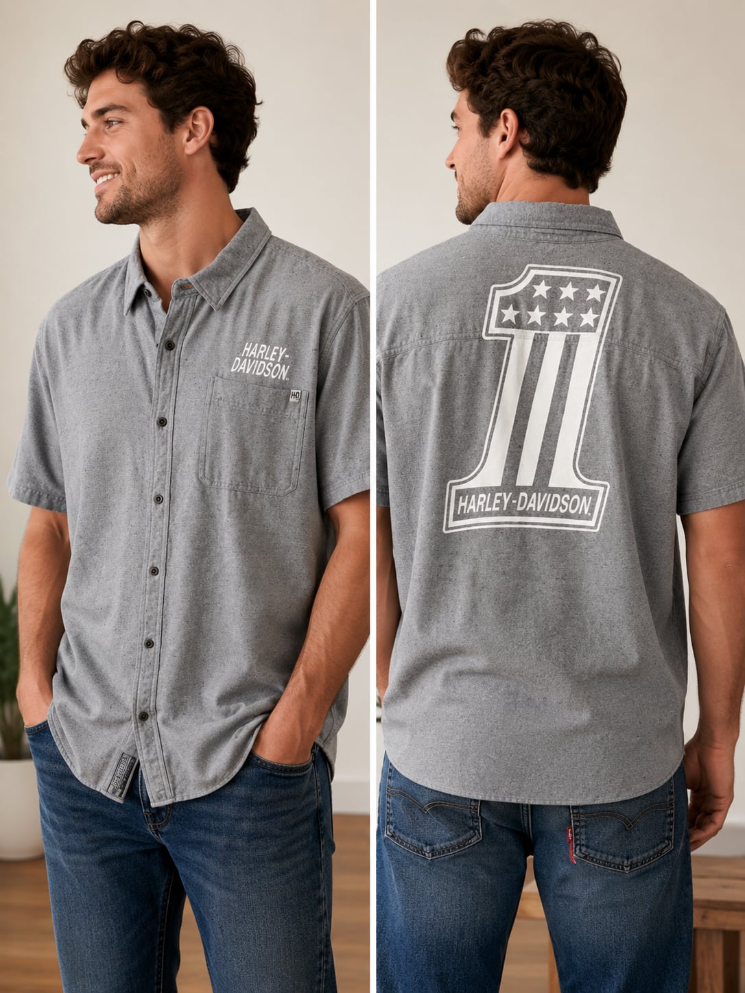 Harley-Davidson Men's #1 Graphic Short Sleeve Woven Casual Shirt - Gray 99006-20VM 2