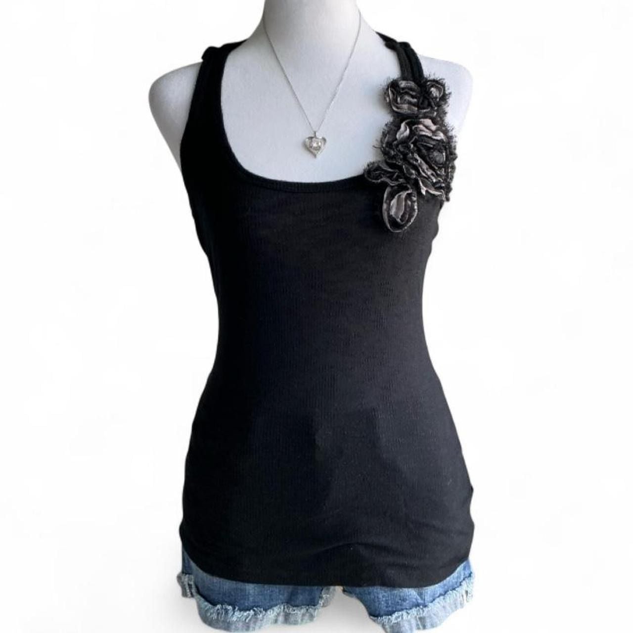 H.I.P Black Ribbed Floral Appliqué Tank Top Fairycore Whimsigoth - Size Small 2