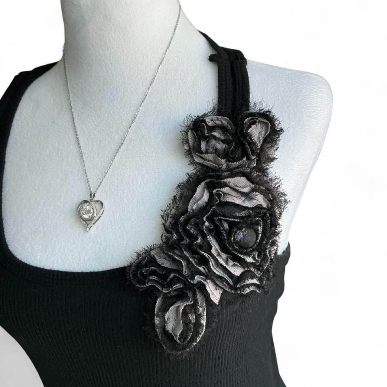 H.I.P Black Ribbed Floral Appliqué Tank Top Fairycore Whimsigoth - Size Small 3
