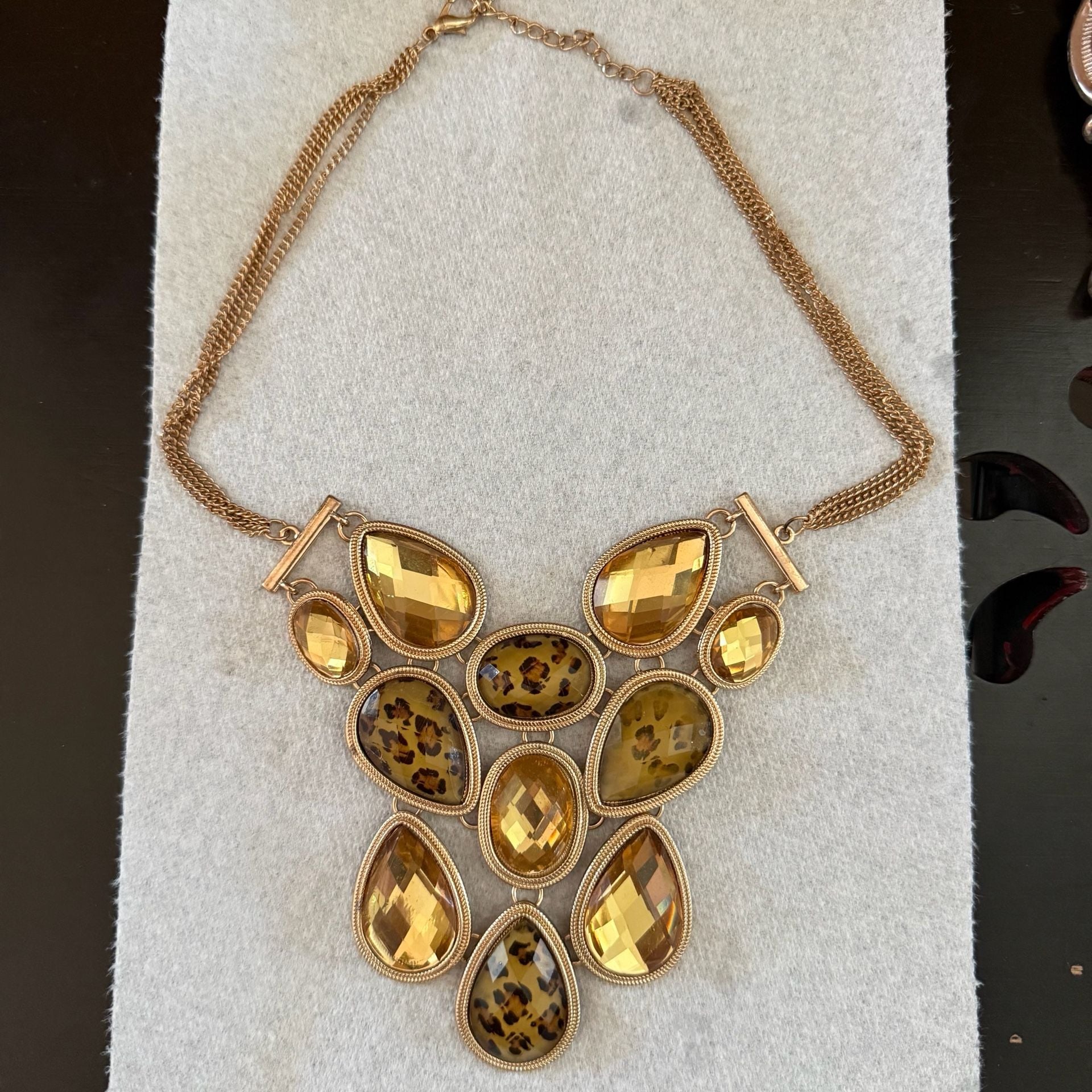 Gold Tone Statement Bib Necklace with Amber color and Leopard Print Stones 3