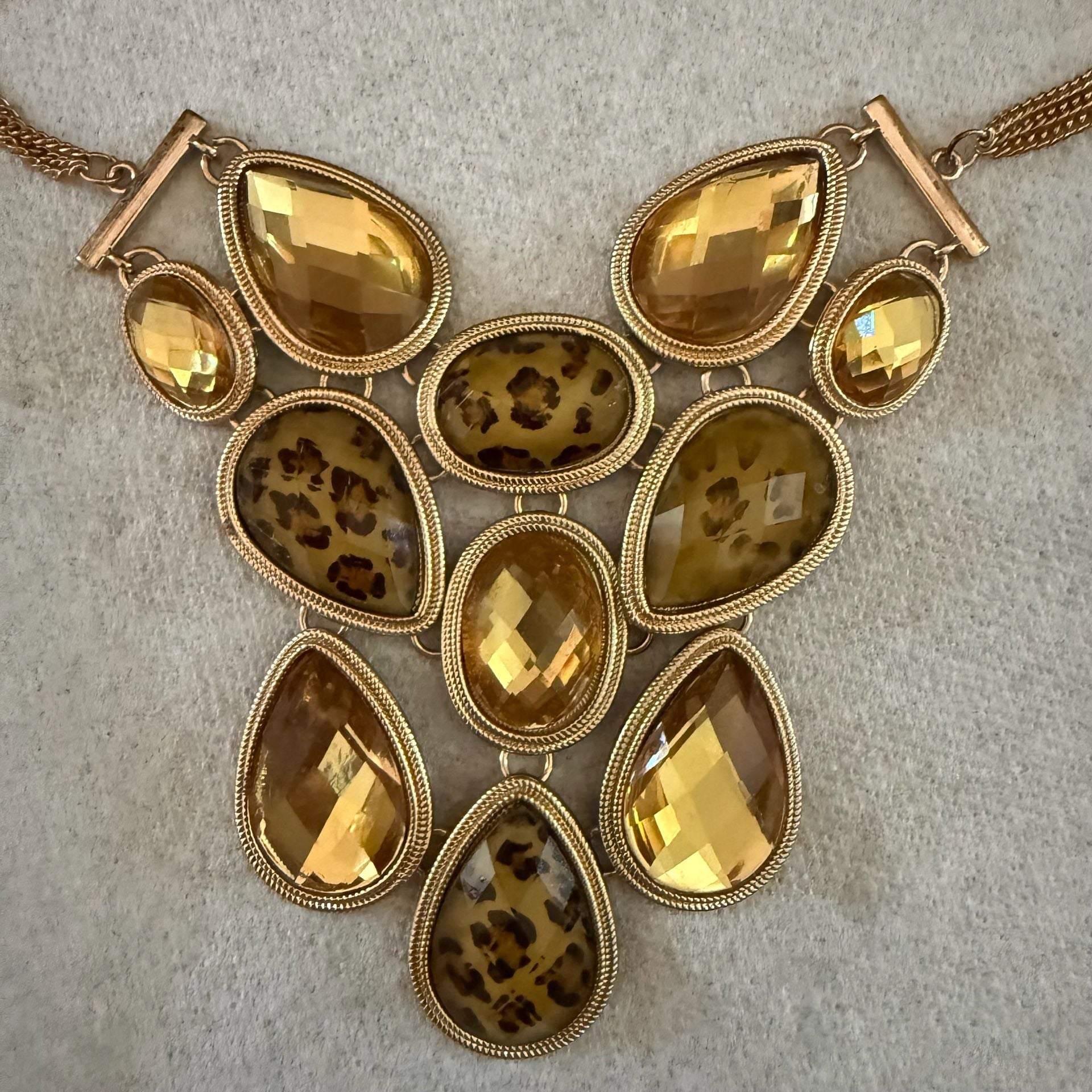 Gold Tone Statement Bib Necklace with Amber color and Leopard Print Stones 4