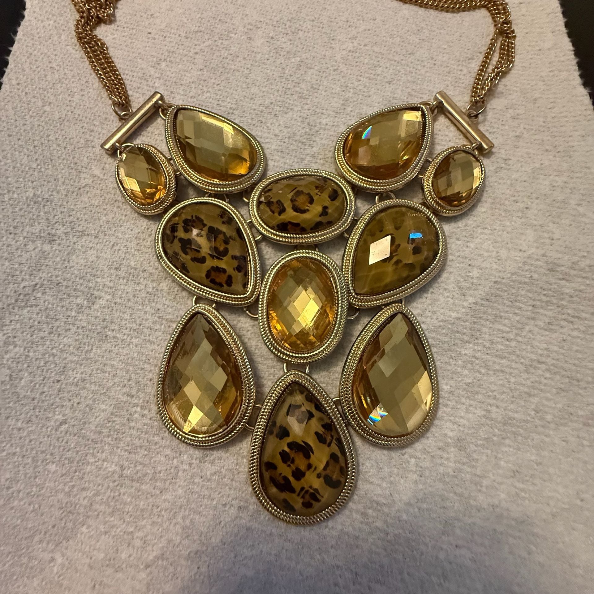 Gold Tone Statement Bib Necklace with Amber color and Leopard Print Stones 6