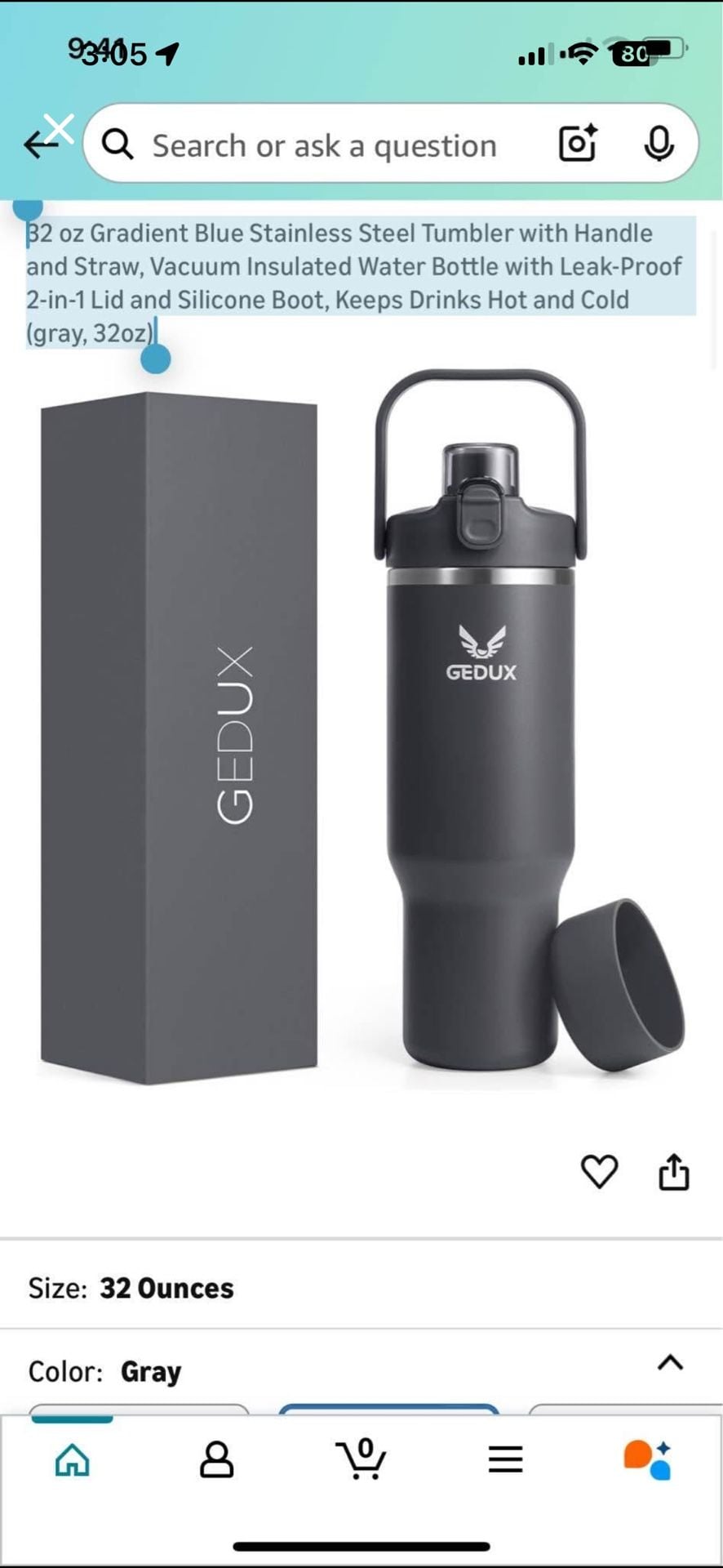 GEDUX 32oz Stainless Steel Tumbler with Handle, Straw, and Silicone Boot 1