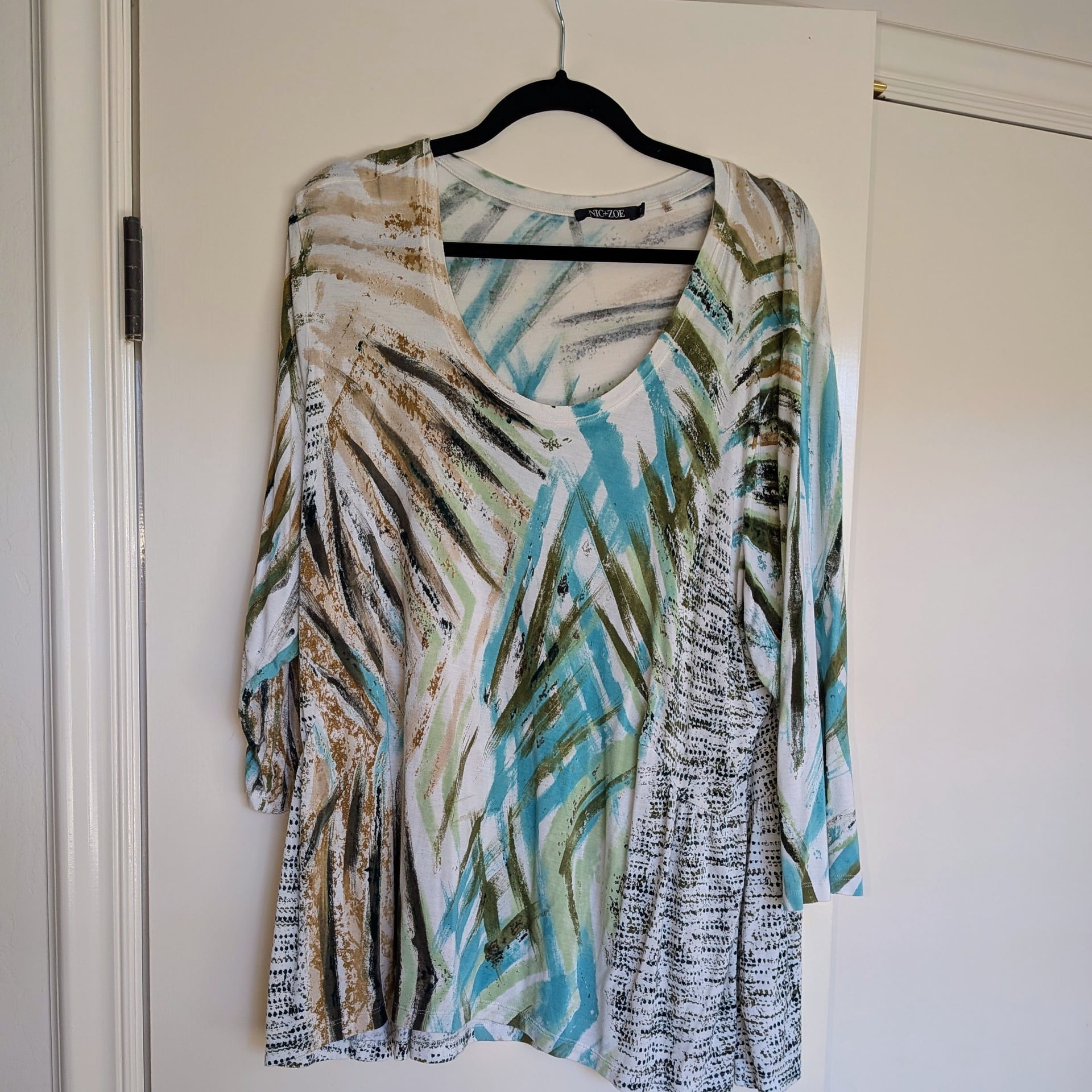NIC+ZOE Women's Abstract Print 3/4 Sleeve Scoop Neck Tunic Top Size 1X 2