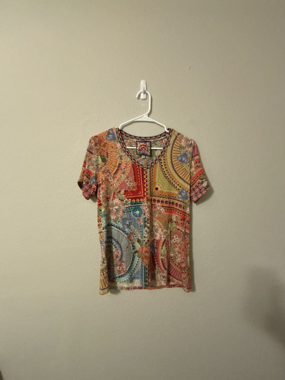 Johnny Was Women's Multi-Colored Floral Print Short Sleeve V-Neck T-Shirt (Style T17325-RD) 2