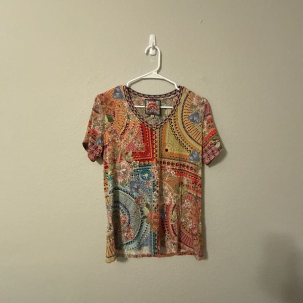 Johnny Was Women's Multi-Colored Floral Print Short Sleeve V-Neck T-Shirt (Style T17325-RD)