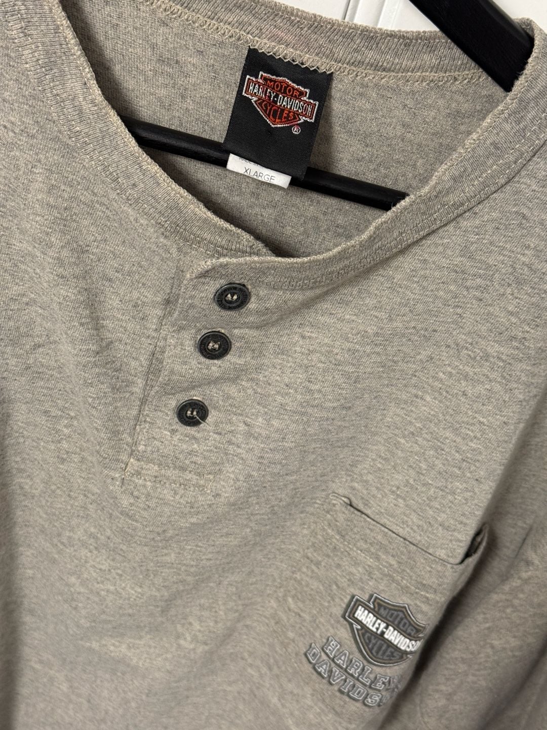 Vintage Harley-Davidson Benson Muncie, IN - Gray Henley Houlobek Pocket T-Shirt 3