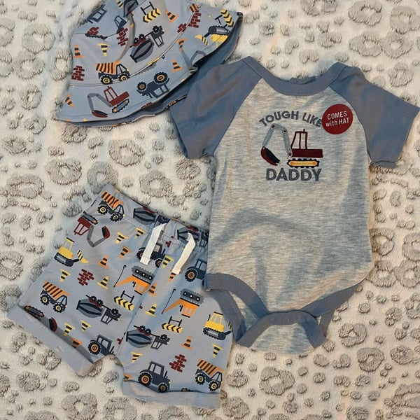 Wrangler Baby Boy 3-Piece Construction Set Bodysuit Shorts and Bucket Hat