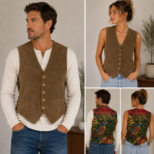 Vintage Bullock & Jones Suede Leather Waistcoat Vest with Pheasant Print Silk Back