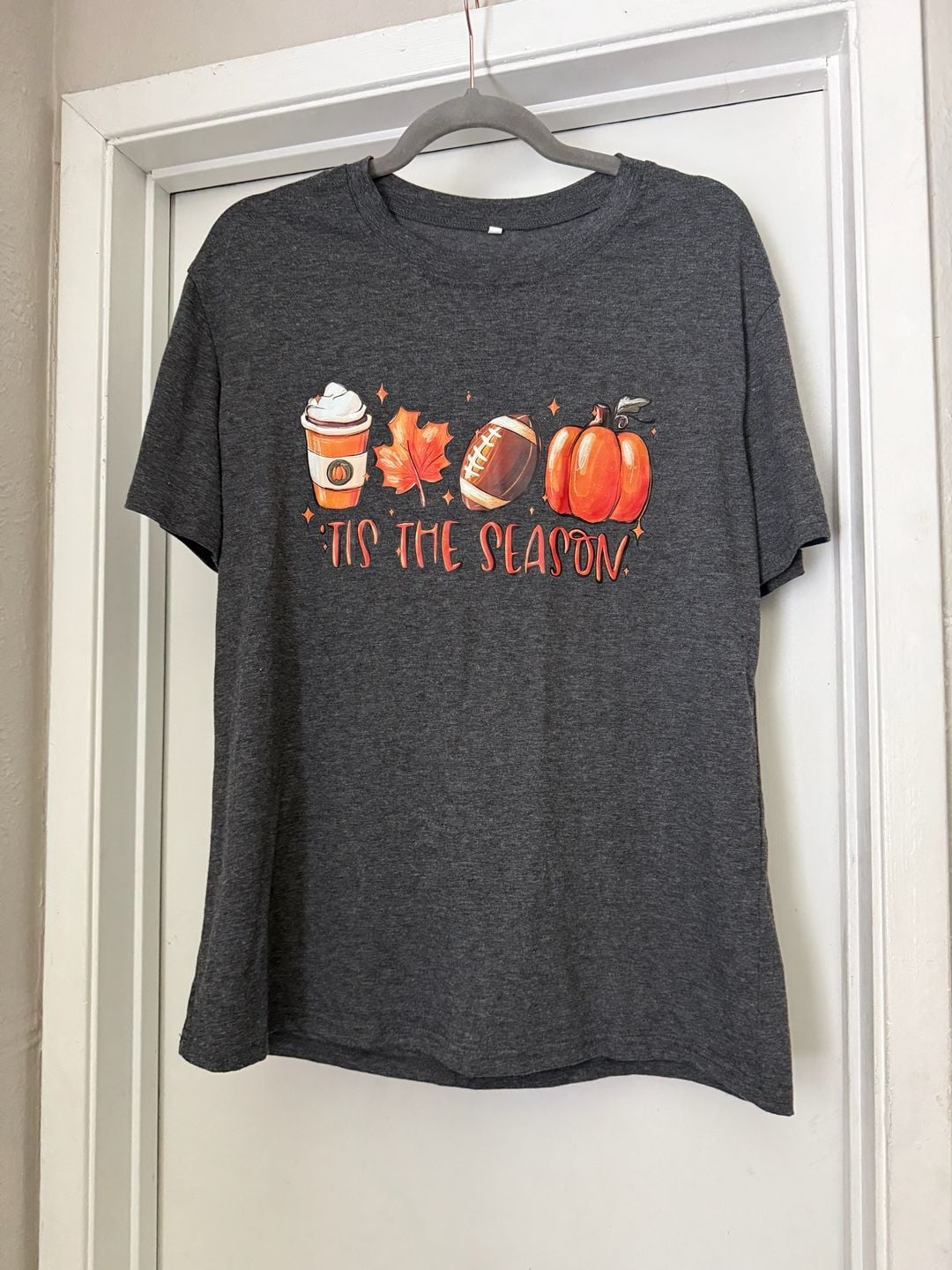 Tis the Season Fall T-Shirt with Pumpkin, Football, Leaf, and Coffee Print 2