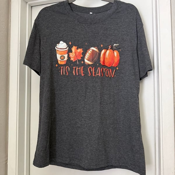 Tis the Season Fall T-Shirt with Pumpkin, Football, Leaf, and Coffee Print