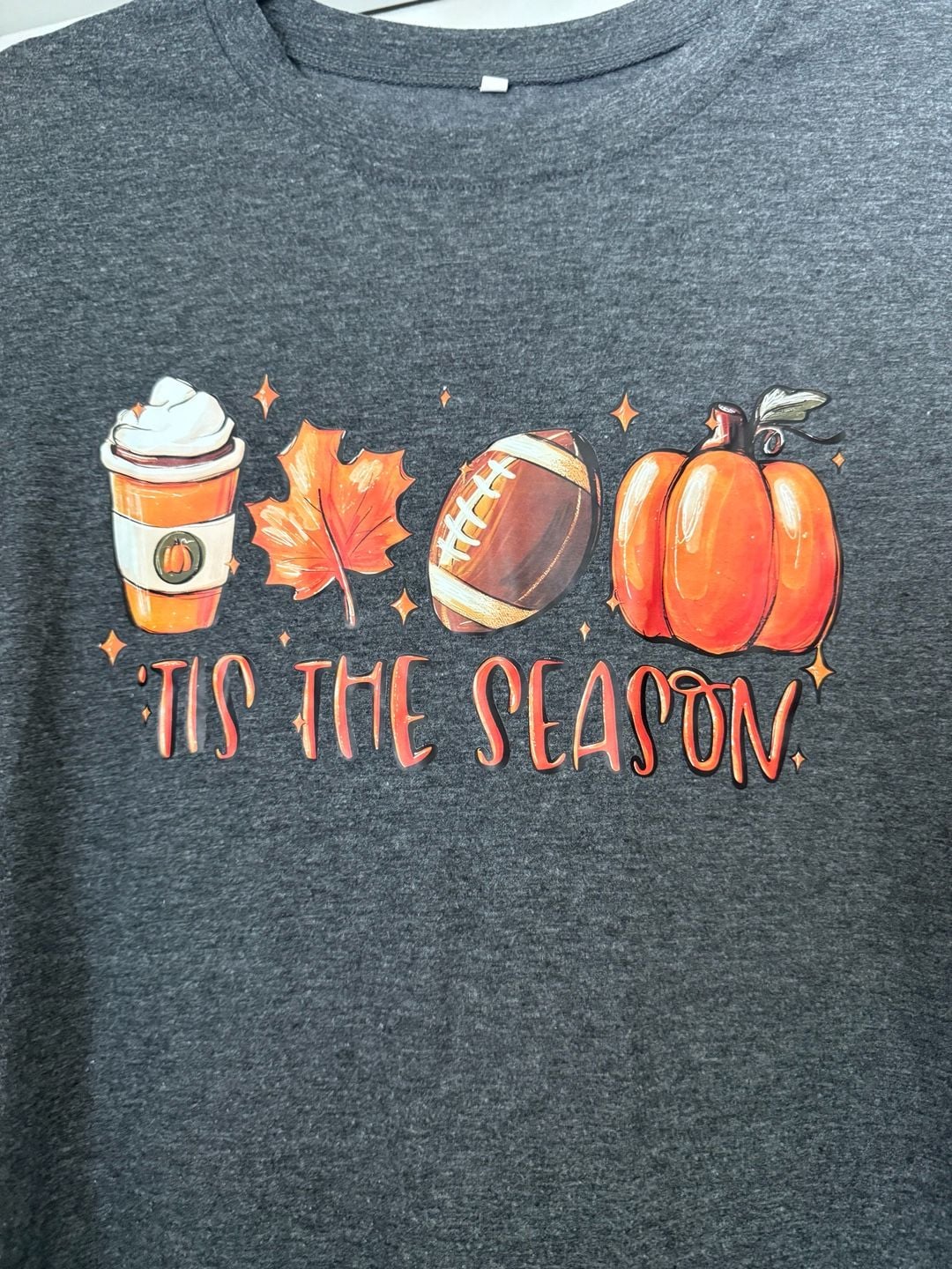 Tis the Season Fall T-Shirt with Pumpkin, Football, Leaf, and Coffee Print 3
