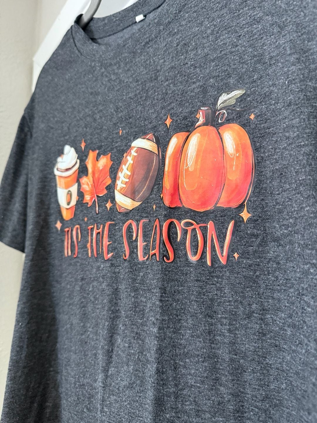 Tis the Season Fall T-Shirt with Pumpkin, Football, Leaf, and Coffee Print 4