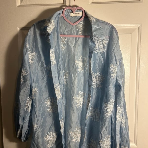 Commense Light Blue Floral Embroidered Long Sleeve Button-Down Shirt