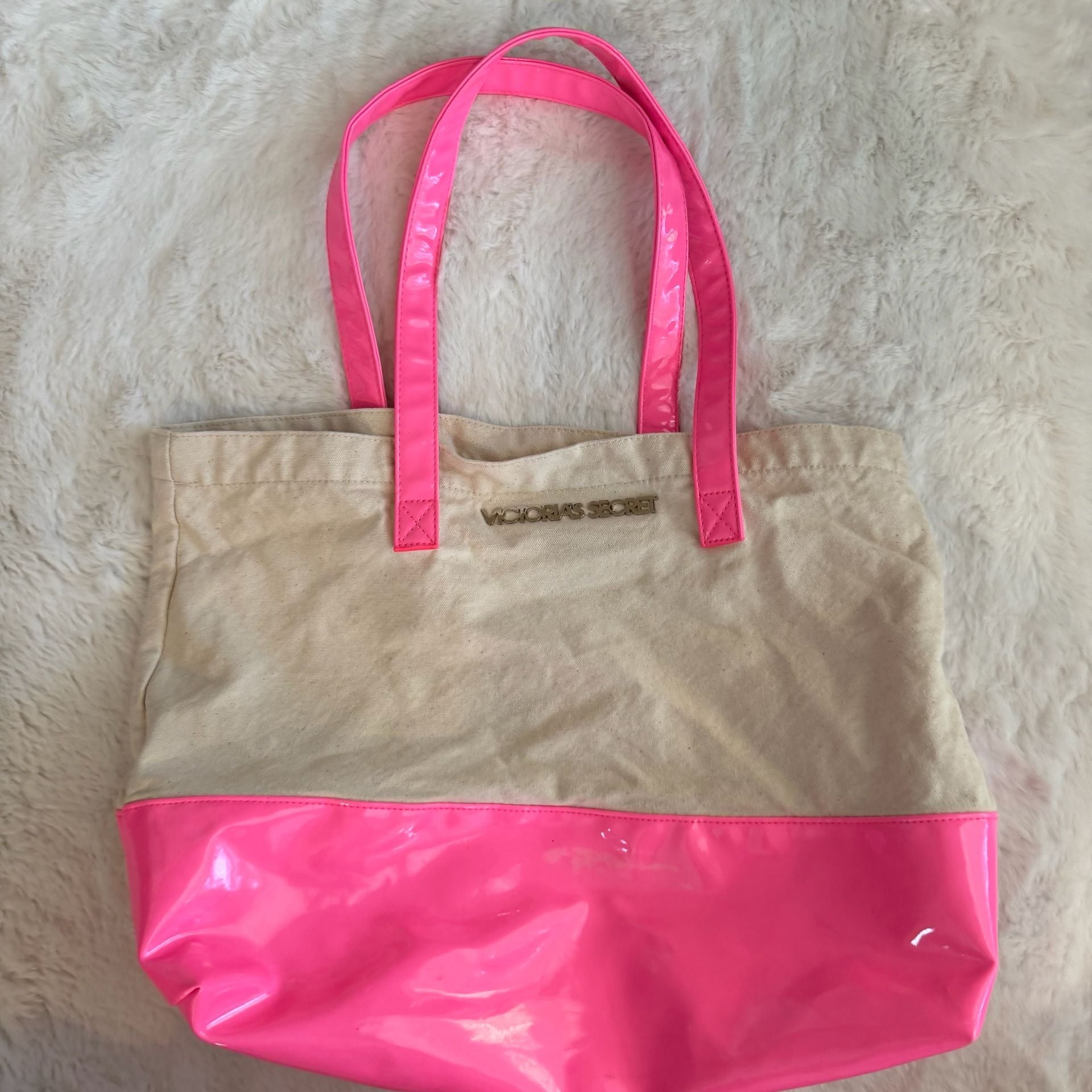 Victoria's Secret Canvas and Patent Hot Pink Beach Tote Bag 2