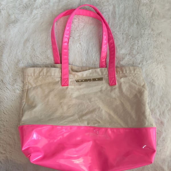 Victoria's Secret Canvas and Patent Hot Pink Beach Tote Bag