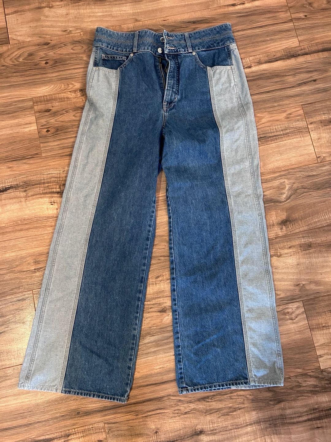 Veronica Beard Taylor Two-Tone High-Rise Wide-Leg Jeans 2