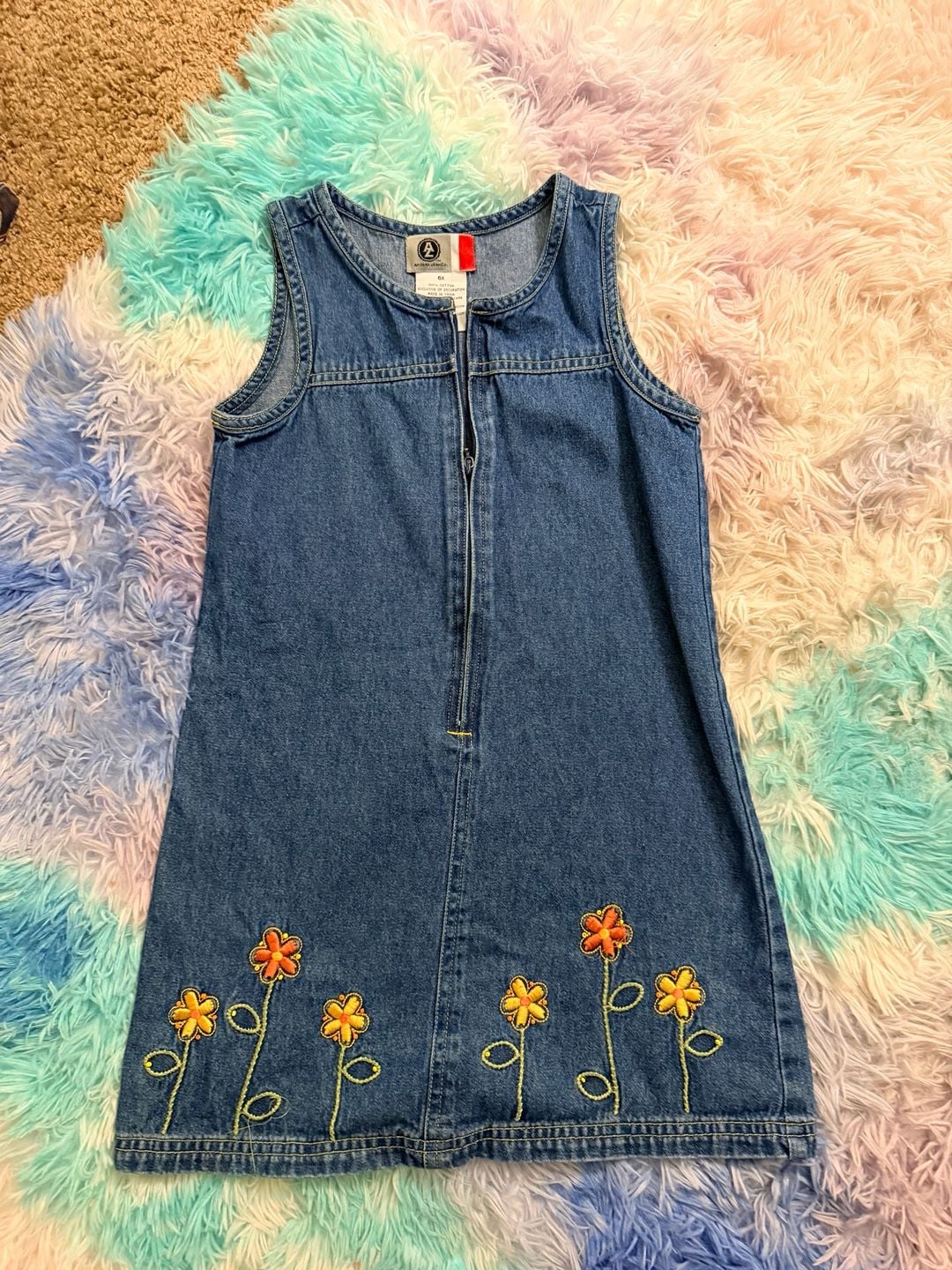 Arizona Jean Co Girls Vintage Denim Sleeveless Floral Embroidered Zipper Front Dress Size 6X 2