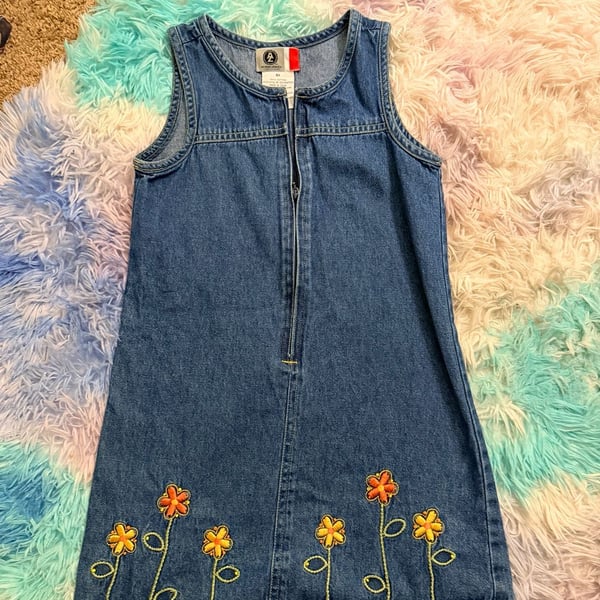 Arizona Jean Co Girls Vintage Denim Sleeveless Floral Embroidered Zipper Front Dress Size 6X