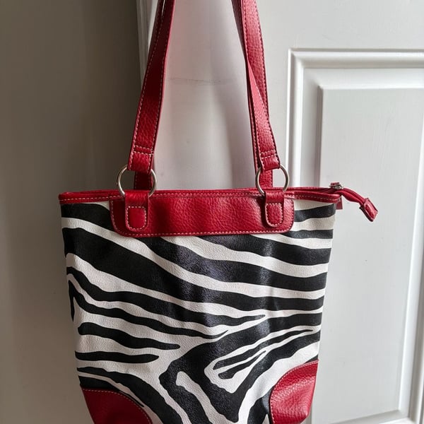 Mondo Zebra Animal Print Tote Shoulder Bag with Red Faux Leather Trim