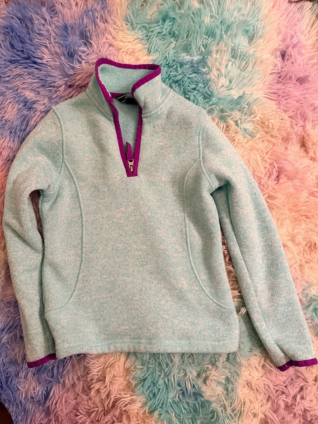 Lands' End Girls Mint Green and Purple 1/4 Zip Fleece Pullover Sweater 2