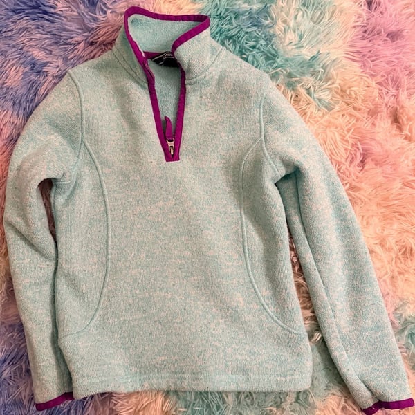Lands' End Girls Mint Green and Purple 1/4 Zip Fleece Pullover Sweater