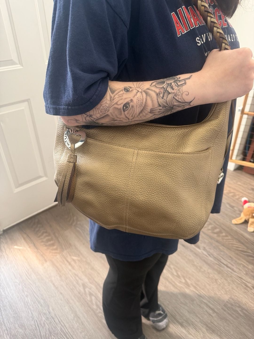 Brighton Barbados Gold Pebbled Leather Hobo Shoulder Bag with Heart Charm and Braided Strap 2