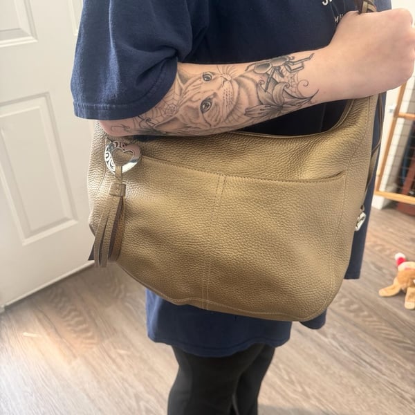 Brighton Barbados Gold Pebbled Leather Hobo Shoulder Bag with Heart Charm and Braided Strap