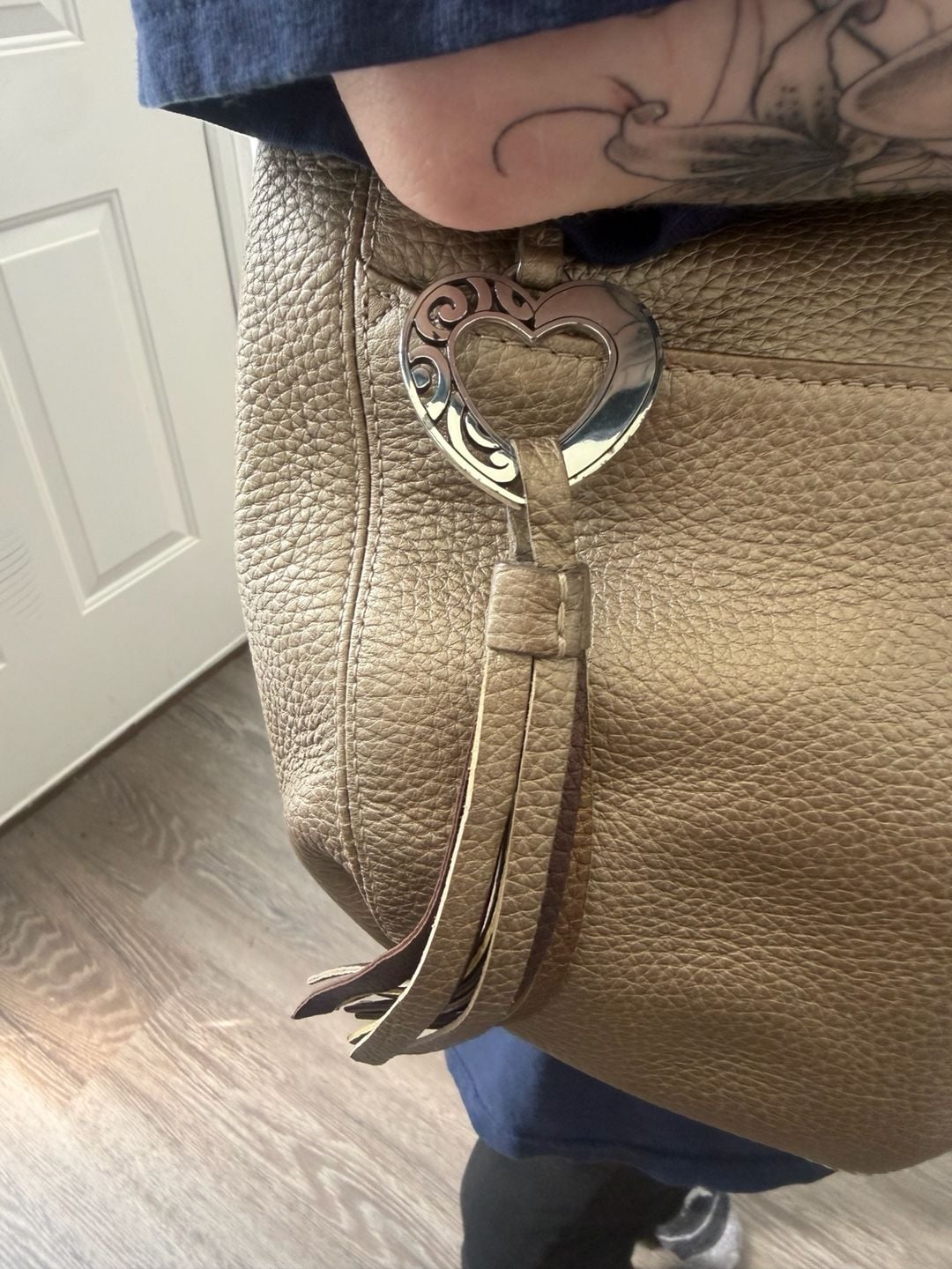Brighton Barbados Gold Pebbled Leather Hobo Shoulder Bag with Heart Charm and Braided Strap 3