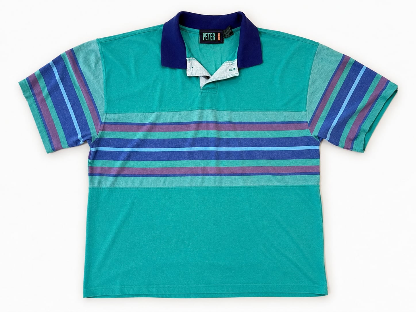 Vintage Peter B Short Sleeve Striped Polo Shirt Teal and Purple 2