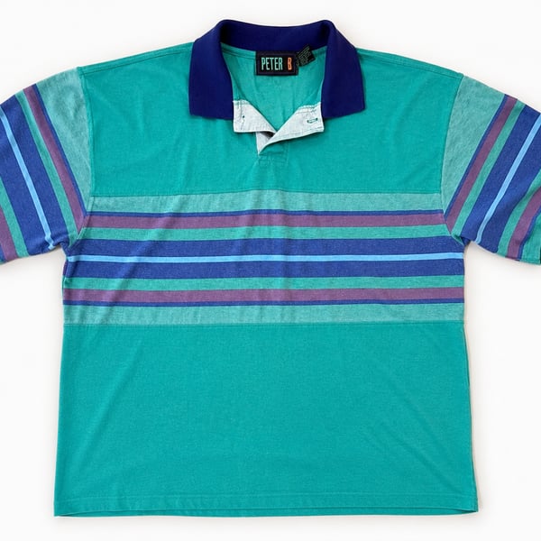 Vintage Peter B Short Sleeve Striped Polo Shirt Teal and Purple