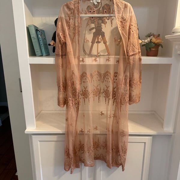 Haute Monde Sheer Embroidered Mesh Lace Long Kimono Cardigan