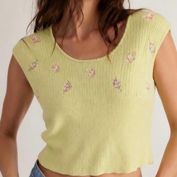 Free People Intimately Lime Green Floral Embroidered Knit Crop Tank Top Small 